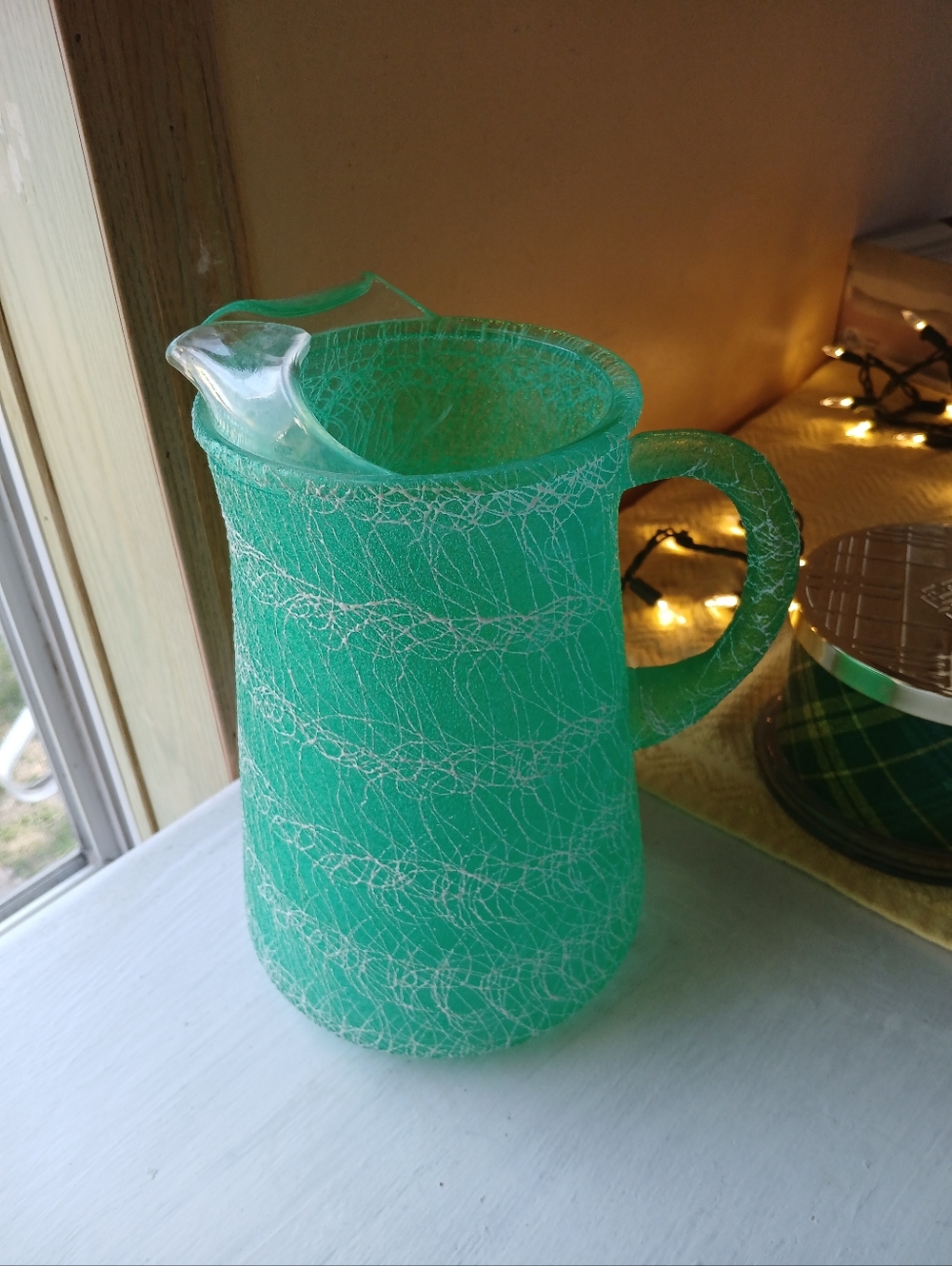 Seafoam Green Crackle Glass Pitcher with Clear Spout